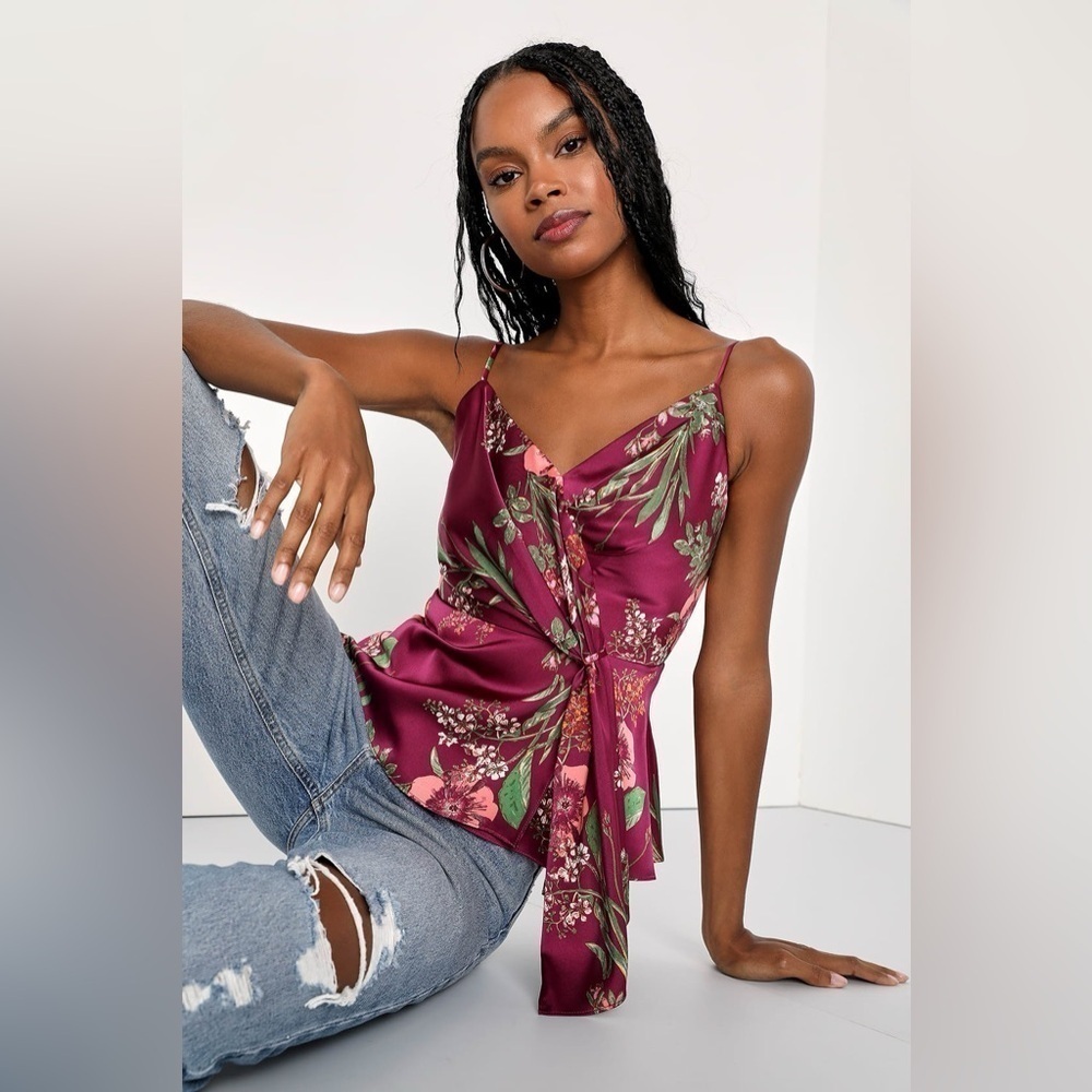 NWT Lulus Effortless Adoration Wine Red Floral Print Satin Cami Top, Size S